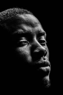 Black and white close up portrait of Kojo Hammon