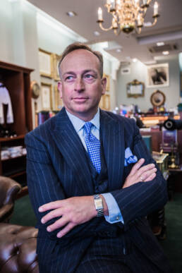 Colour portrait of Simon Cundey Director of bespoke tailor Henry Poole