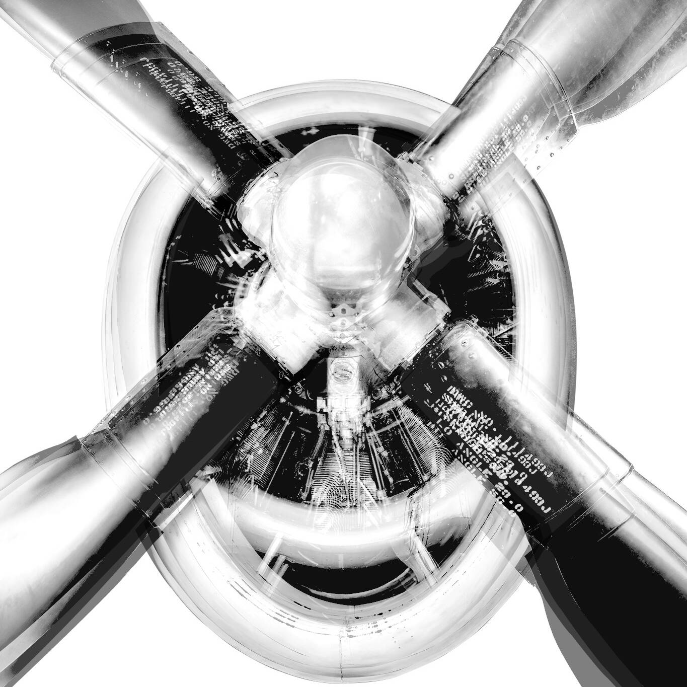 Black and white composite photograph of an American P-47 Thunderbolt propellers