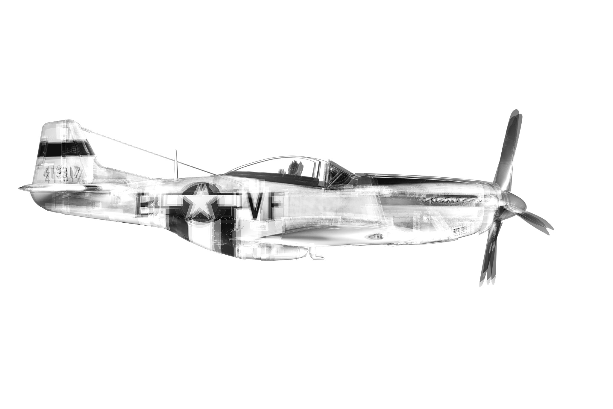 Black and white composite photograph of an American P51 Mustang