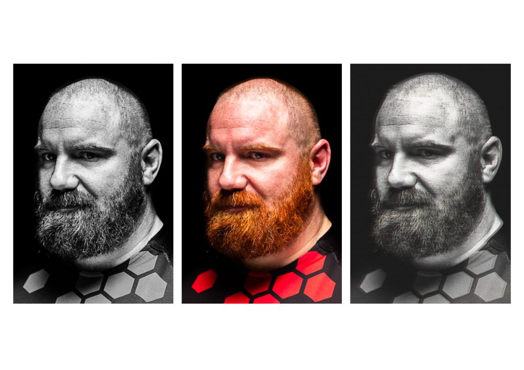 Triptych of portraits of Manchester Village Spartans rugby player, in black and white, colour and also chromatic aberration by portrait photographer Andy Barnham