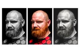 Triptych of portraits of a rugby player, in black and white, colour and also chromatic aberration