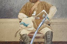 Colour portrait of Captain George Augustus McNair in native press with bear and sword c.1860