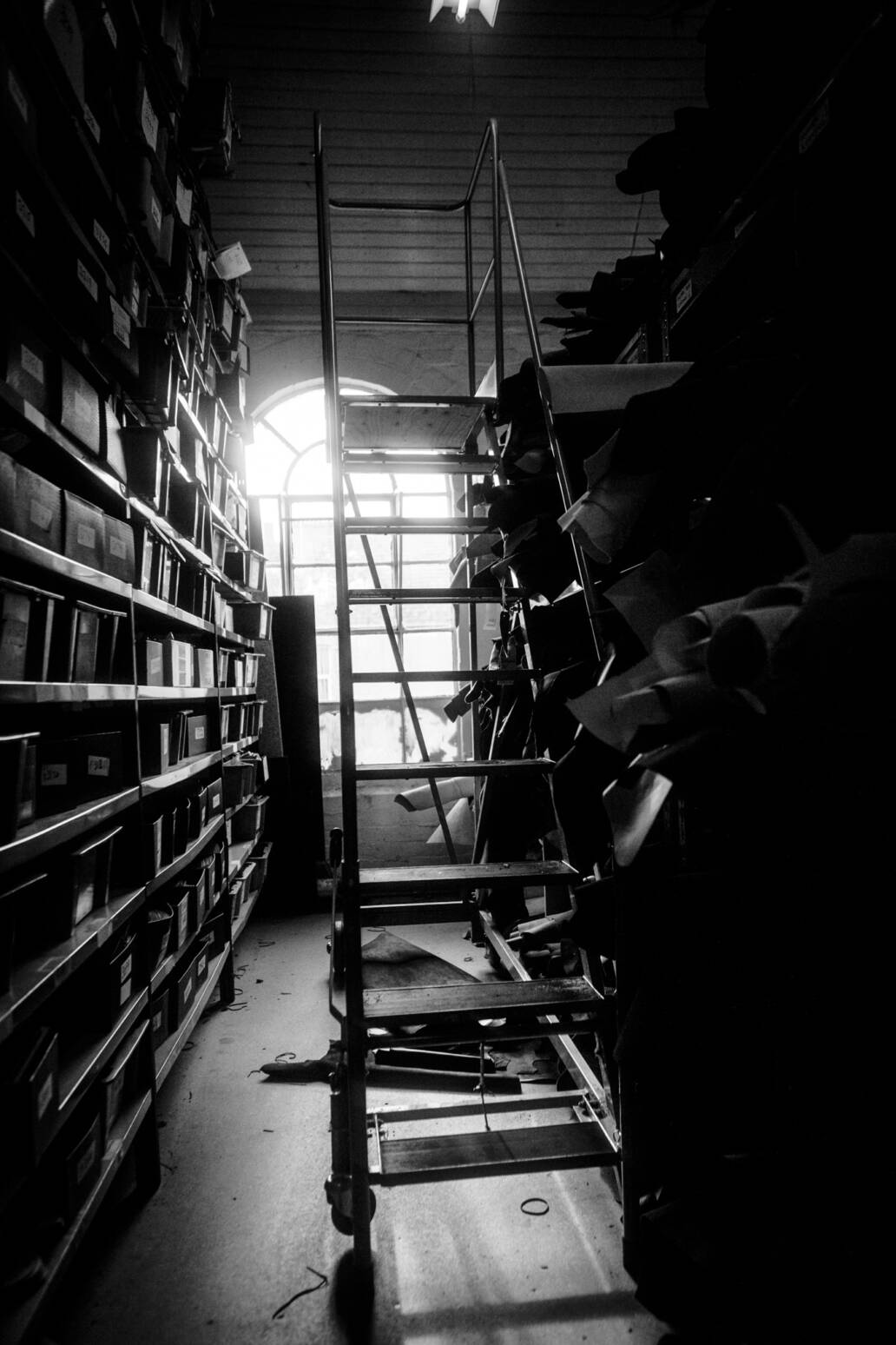 Ladder next to shelves full of boxes
